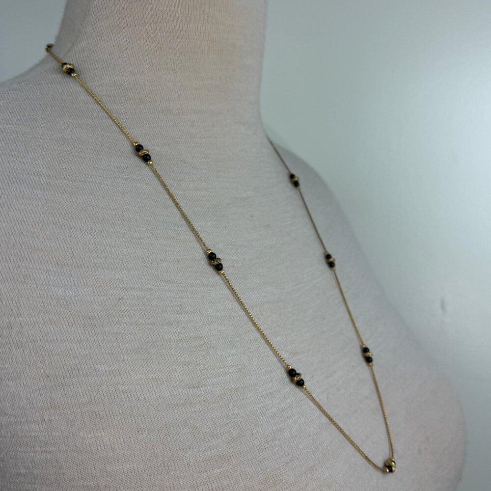 Vintage 30.5" Gold Tone Metal & Black Beaded Necklace Gold Tone Spacers - Picture 5 of 6